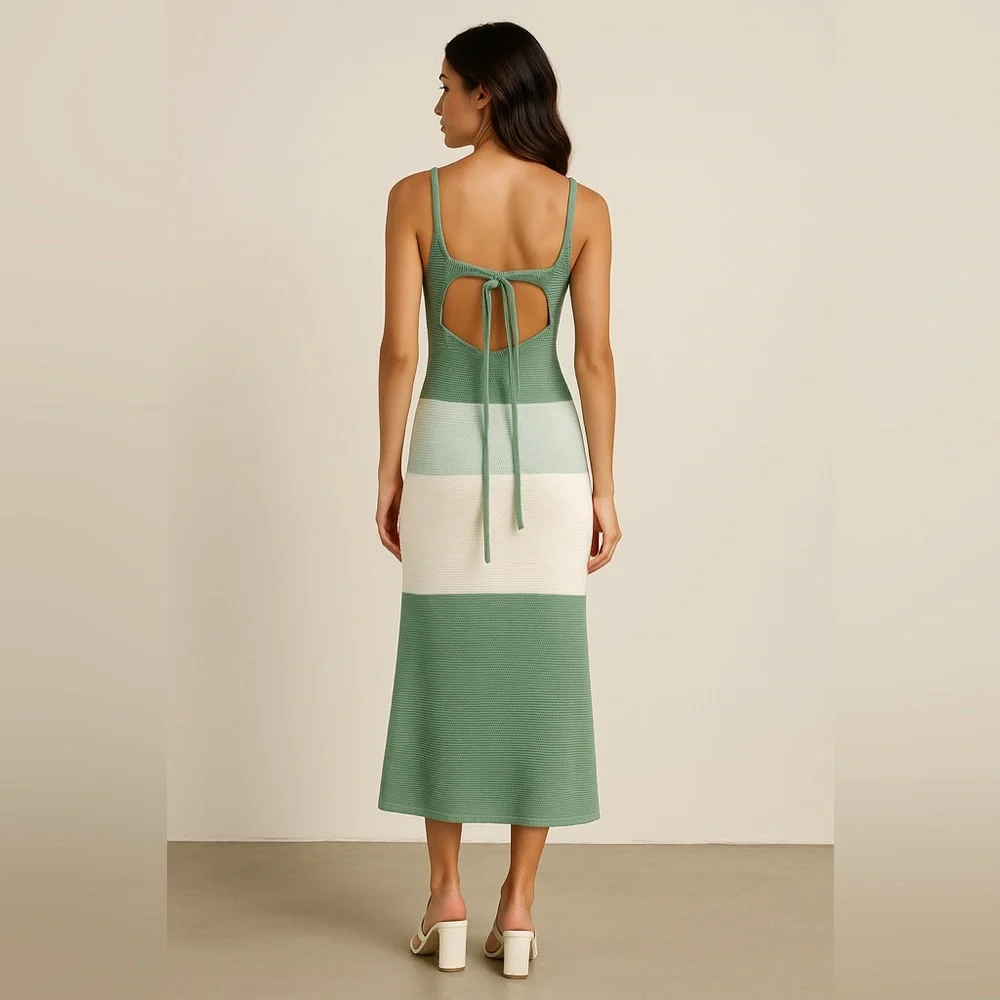 Striped Green and Cream Midi Dress - Picture 2 of 4